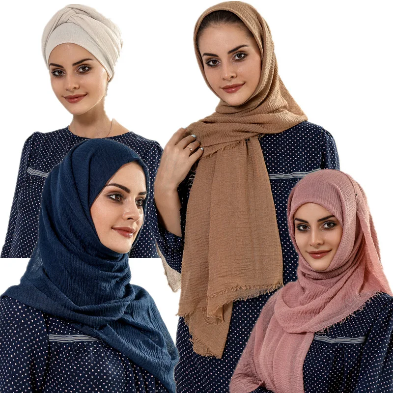 

180*90cm Trendy Crinkle Hijab Scarf Solid Cotton Headscarf for Women Shawls and Wraps Islam foulard femme Muslim Hijabs Kopftuch