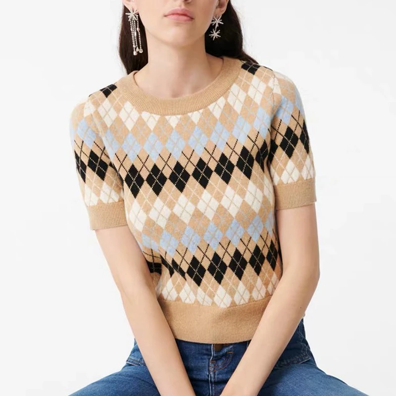 

Women T-Shirt Slim Fit Arygle Jacquard Knitted Striped Tees Color Block Plaid T Shirt Short Sleeve Top Pullovers Summer Jumper