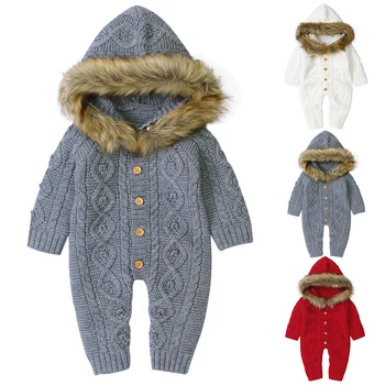 

Baby Jumpsuit Toddler Solid color Long Sleeve Knitwear Hooded Bodysuit with Fur Collar for 0-18M Autumn winter warm baby clothes