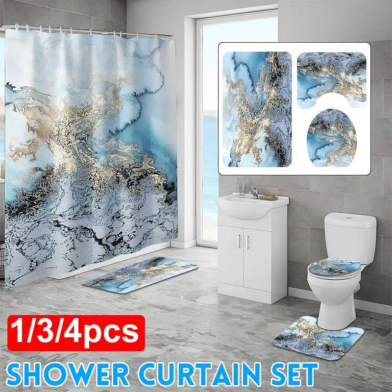 

1/3/4pcs Blue Marble Bathroom Polyester Shower Curtain Non Slip Toilet Cover Rugs Mat Set