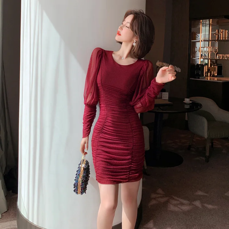 

2020 autumn new European and American women's sexy bag hip pleated tight long-sleeved dress Office Lady Knee-Length