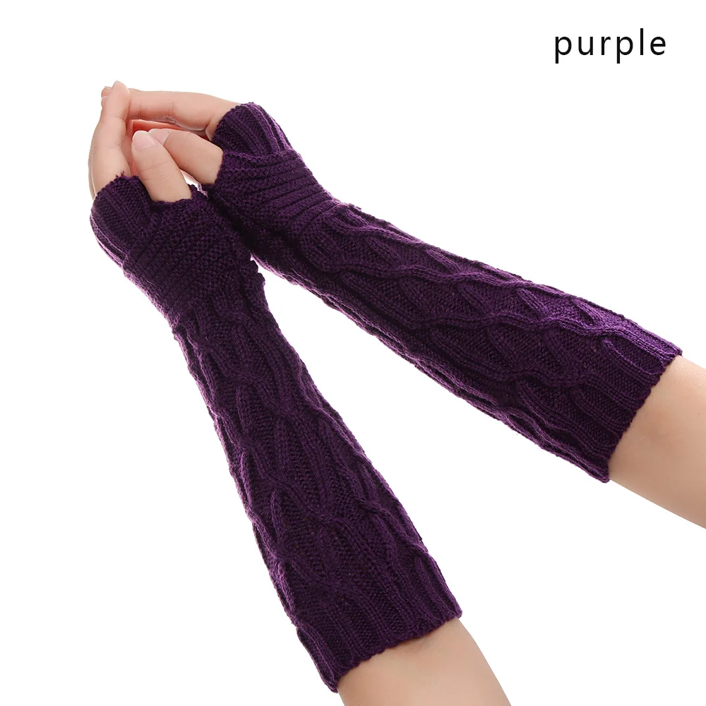 purple 1 пара осенне-зимних женских вязанных перчаток, нарукавники, нарукавники, одноцветные длинные вязанные перчатки-митенки - Цвет: purple