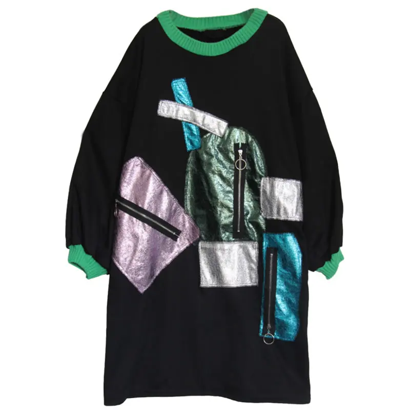 XITAO Personality Plus Velvet Dress Women Fashion Splice Zipper Streetwear Ladies Dresses Autumn Winter Clothes Women GCC2723