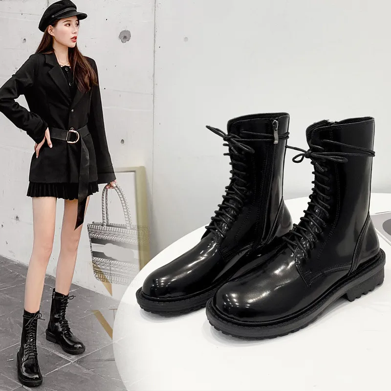 

Low Heels booties Women's Short Boot Lady Boots Shoes Luxury Designer Bootee Woman 2019 Round Toe Lace Up Mid-Calf Ladies Riding
