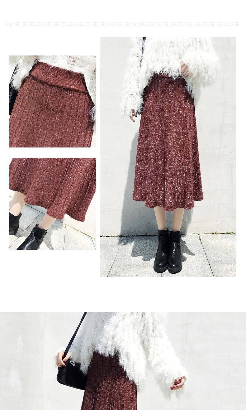 DANJEANER/осенне-зимние длинные трикотажные юбки для женщин в Корейском стиле, модные, серебристые, с люрексом, сверкающие юбки трапециевидной формы с высокой талией, плиссированные юбки