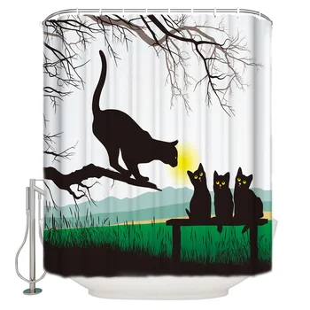 

Bench Branches Landscape Kitten Grass Park Shower Curtain Waterproof Polyester Fabric Bathroom Decor Printed with 12 Hooks