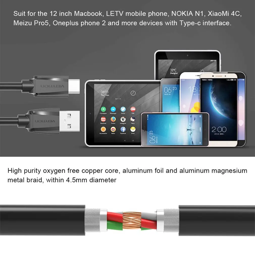 Vention A46 Сильная Совместимость USB2.0 type-C кабель для зарядки USB2.0 штекер type-C Мужской кабель для зарядки данных для Android