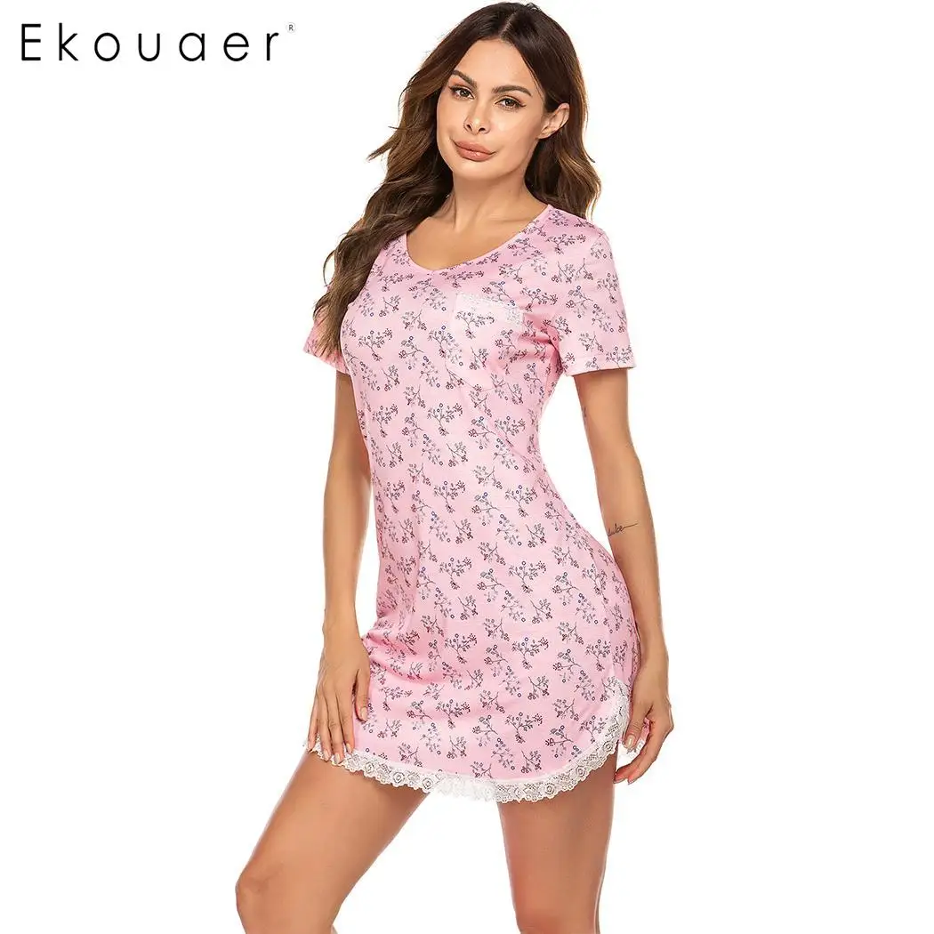 Ekouaer, летняя ночная рубашка, женская ночная рубашка, круглый вырез, короткий рукав, с принтом, кружевная ночная рубашка, ночная рубашка, домашняя одежда