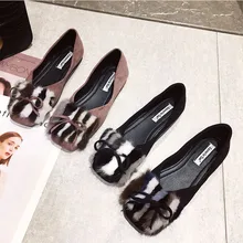 Балетки на плоской подошве с мехом норки; женская обувь с квадратным носком и бантом-бабочкой; мягкие женские мокасины без застежки; в полоску; modis; неглубокие Мокасины