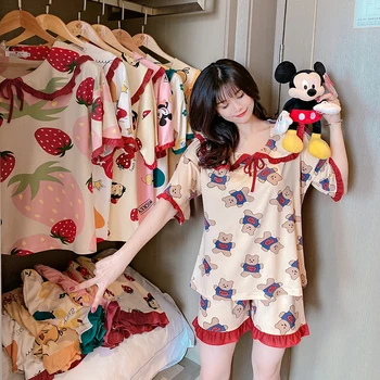 

2020 New Summer variety of short-sleeved doll collar pajamas women's suits home service cute Mickey casual pyjama femino
