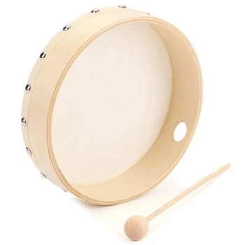 

ELOS-Portable Wooden Sheepskin Tambourine Drum with Drumstick Percussion Musical Educational Toy Instrument