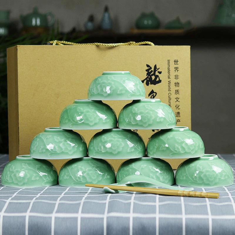 Creative Ceramic Bowls Chinese Japanese and Korean Style Household Longquan Celadon Dinner Embossed Wrapped Branch | Дом и сад