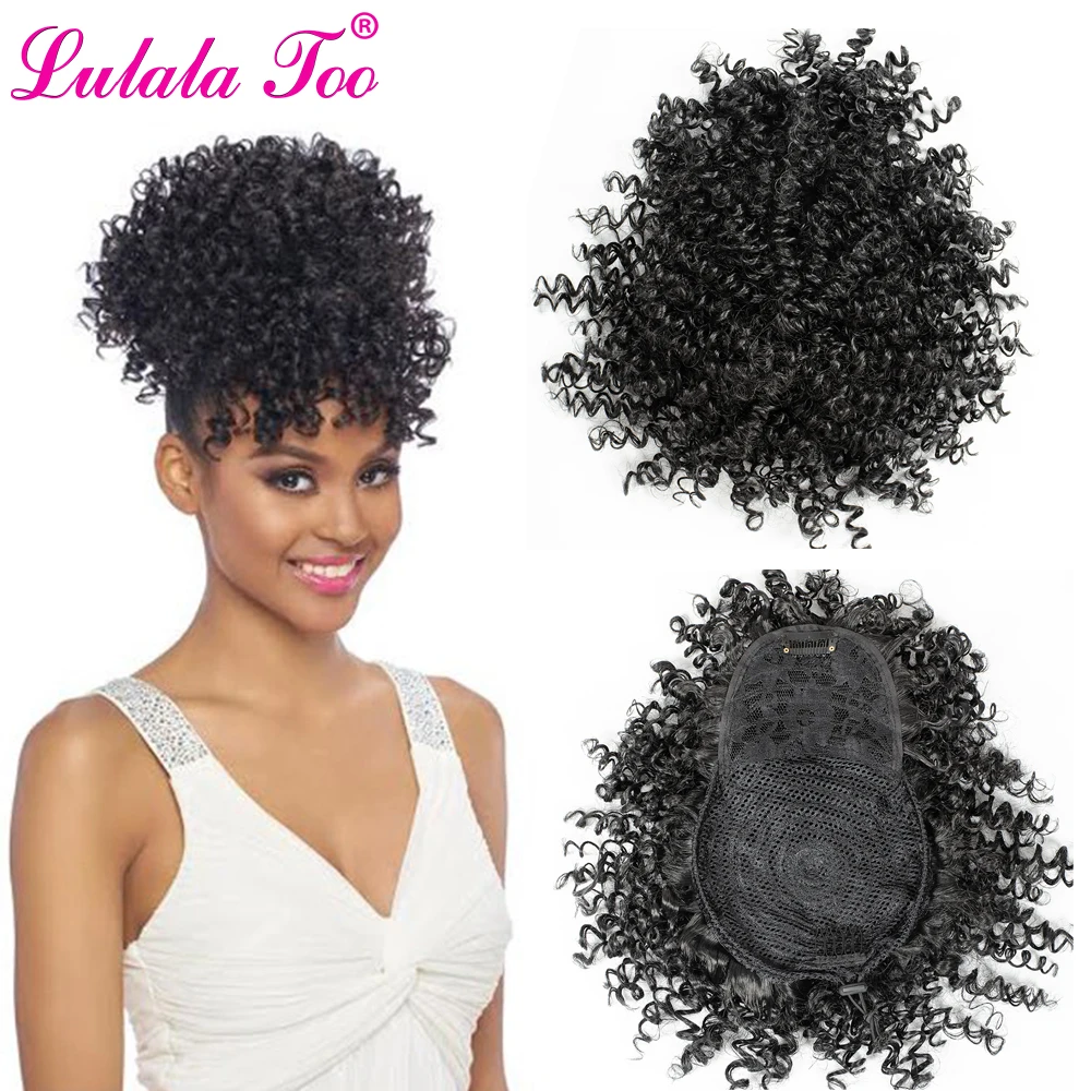 

Synthetic Fake Afro Kinky Curly Drawstring Ponytail With Bangs Wig Hair Bun Chignon Clip in Pony Tail Hair Extension