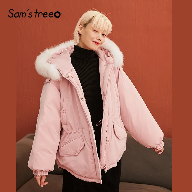 SAM'S TREE розовый однотонный прямой Высокий Низкий теплый пуховик для женщин зимняя оливково-зеленая женская верхняя одежда с заниженным плечом и кулиской на талии