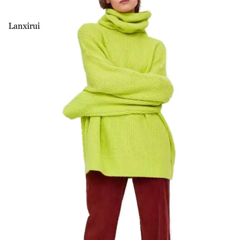 

Striped Line Fluorescent Green Pullover Sweater 2018 Autumn Women Turtleneck Long sleeve Loose Long Knitwear Jumper Tops