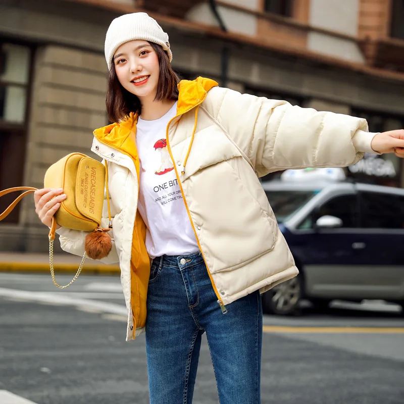 Thick Women Winter Jacket New Women Down Cotton Coat Loose Warm Hooded Patchwork Color Female Outdoor Parkas H005 - Цвет: Beige White