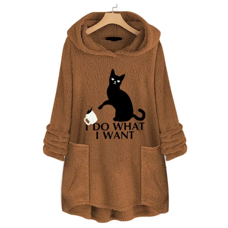 Womens Plus Size Winter Thicken Plush Hooded Sweatshirt Cute Lazy Cat Cartoon Printed Loose Asymmetric Hem Tunic Tops M-5XL - Цвет: 7