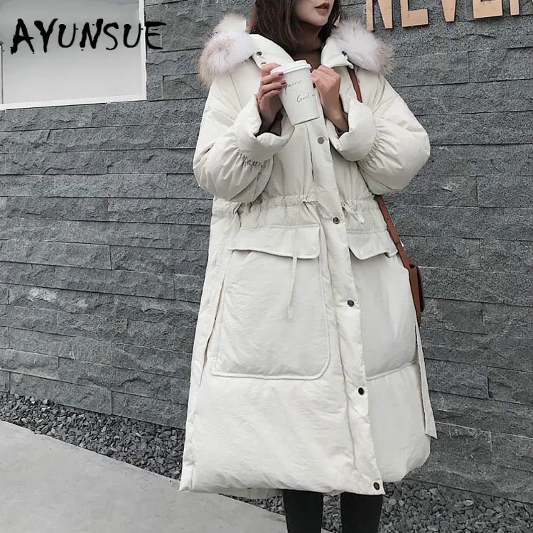 

AYUNSUE Winter Coat Women White Duck Down Jacket Women Big Fur Collar Down Coat Oversized Puffer Jacket Warm Parka Casaco YY1400