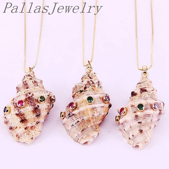 

10Pcs Wholesale Gold Color Natural Conch Shell with cz pave charm Pendant Necklace For Women
