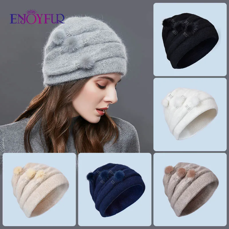 ENJOYFUR Women Winter Cashmere Knitted Hats Natural Mink Pompom Stripe Girl Bonnet Fashion Warm Female Outdoor New Brand Beanies 6