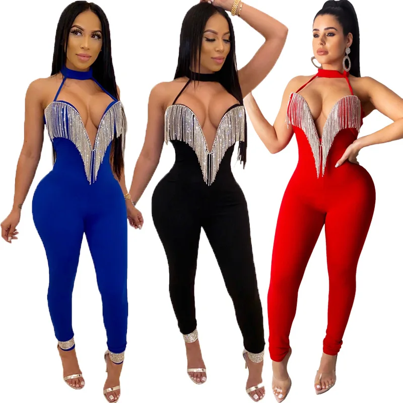 

2019 Diamonds Tassel Halter Bandage Night Party Club Jumpsuit Women Strapless V Neck Backless Romper Outfit Streetwear Overalls