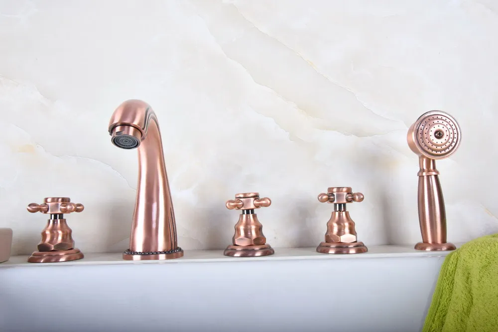 Antique Red Copper Brass Widespread Deck-Mounted Tub 5 Holes Three Handles Bathroom Tub Sink Basin Faucet Tap Hand Spray mtf182
