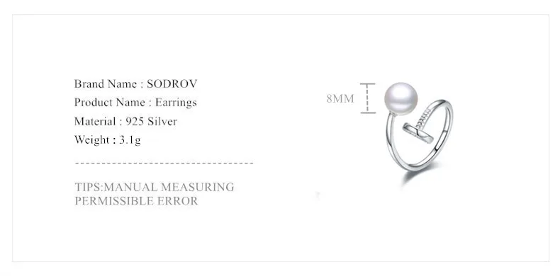 Sodrov элегантный 925 пробы серебристый белый жемчуг набор украшений для женщин кольцо и серьги Серебряный набор 925