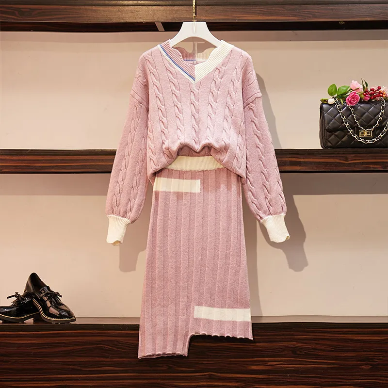 

New Large Size Women's Fashion Knit Two-Piece Set Long-Sleeved V-Neck Sweater Top + Loose Irregular Skirt Two-Piece Set