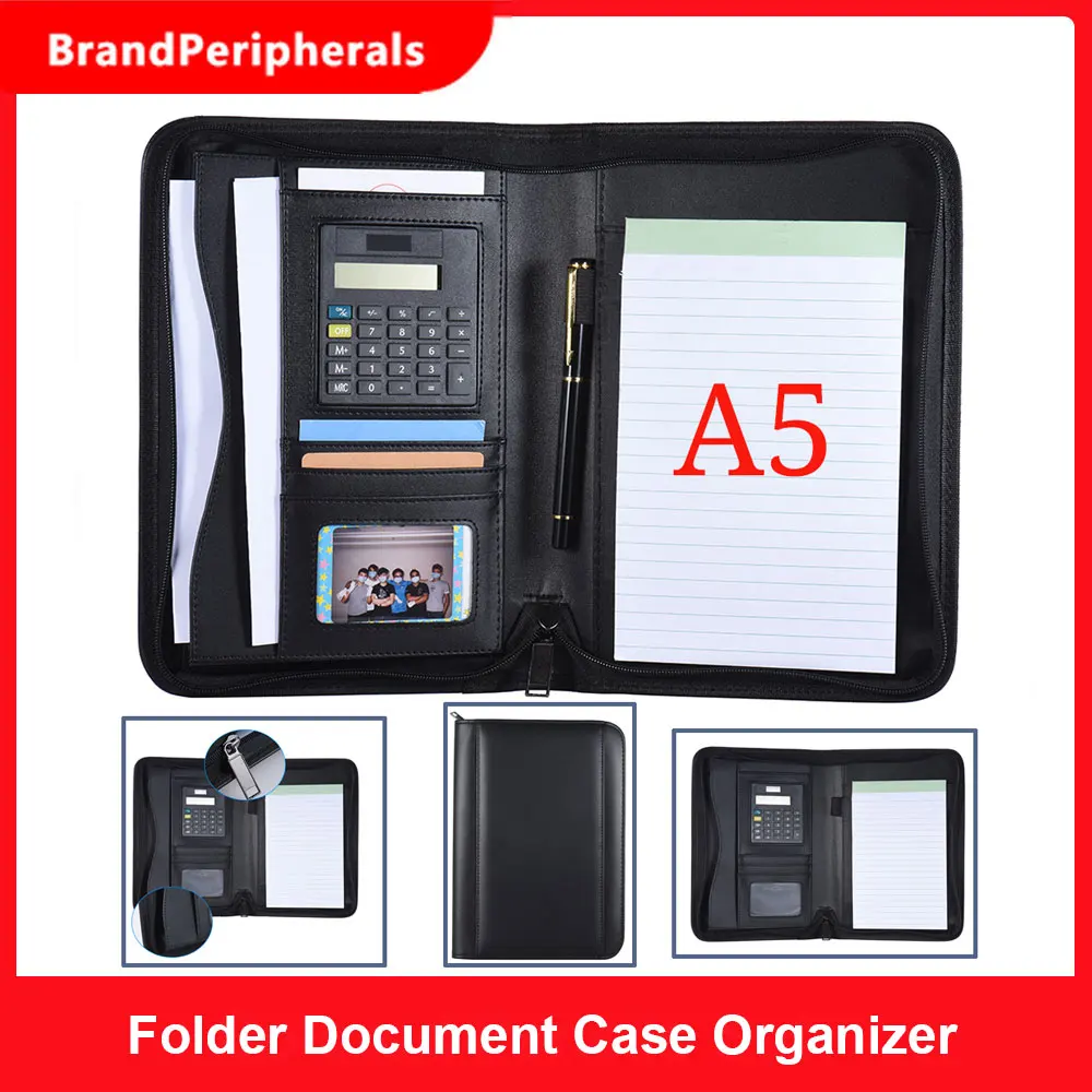 Black Office Portfolio Organizer Business Padfolio 12-bit Solar Calculator A4 PU Leather Conference Folder Holder Clipboard Cover with Writing Pad eBook 