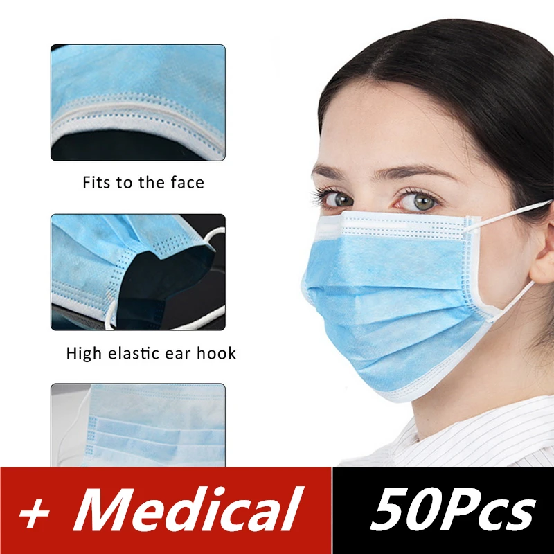 

50PCs Face Masks Disposable 3 Layers Dustproof Mask Facial Protective Cover Masks Set Anti-Dust Surgical Medical Earloop Mask