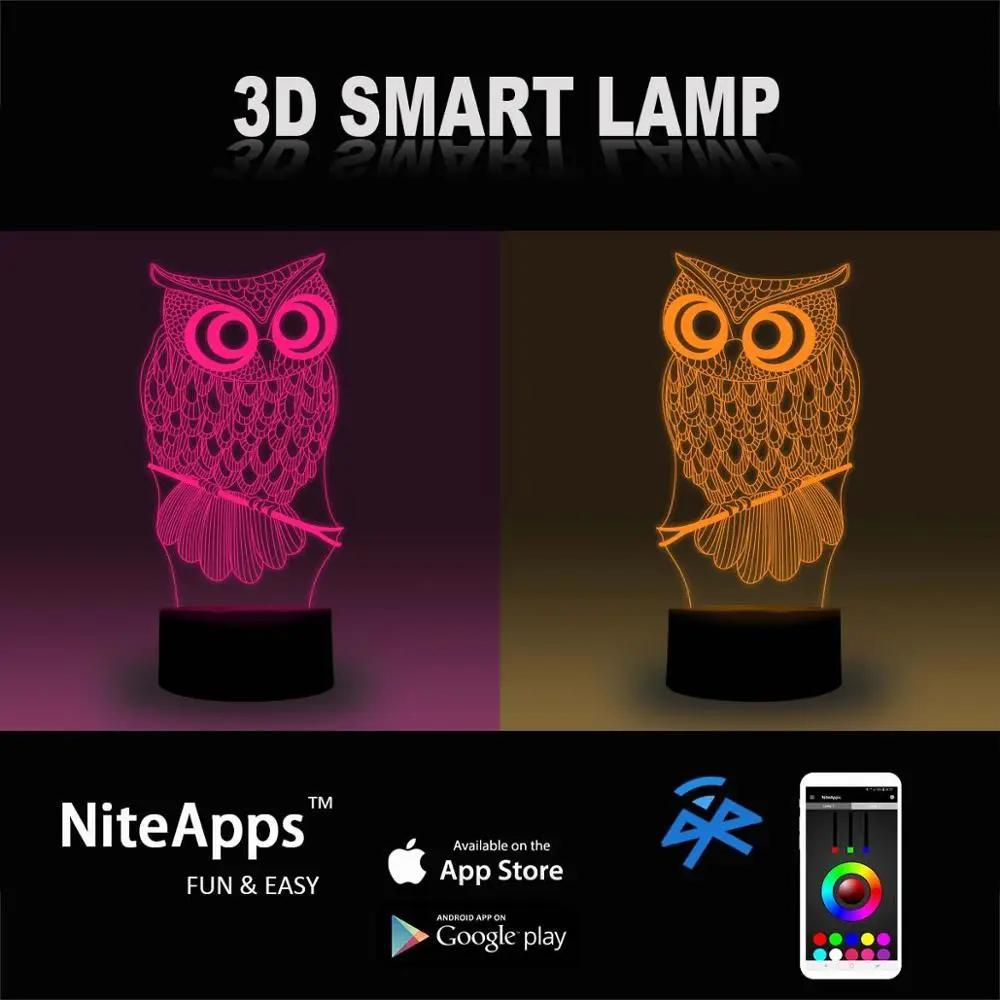NiteApps 3D ночник "Сова" Настольная Иллюзия Украшение лампы подарок на день рождения приложение/сенсорное управление