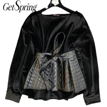 

Getspring Shirt Long Sleeve Vintage Velour Woman Blouses Shirts Black Casual Loose Autumn Winter Women Tops Bloues 2020 Fashion