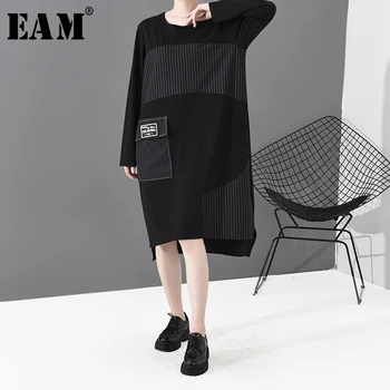 

[EAM] Women Black Striped Split Joint Asymmetrical Dress New Round Neck Long Sleeve Loose Fit Fashion Spring Autumn 2020 1S688
