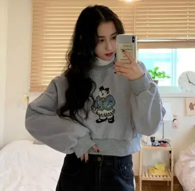 gray short 3 цвета, Осень-зима, корейский стиль, свободный, мультяшный медведь, вышивка, толстый свитер, женская и мужская верхняя одежда, пальто(C2109 - Цвет: gray short
