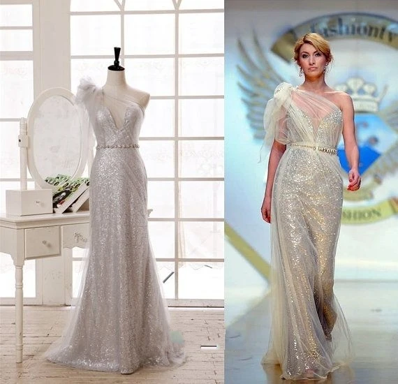 Robe de mariee элегантное платье на одно плечо robe de moisel d'honneur вечерние платья с блестками для выпускного вечера vestido de festa платья подружек невесты - Цвет: Серебристый