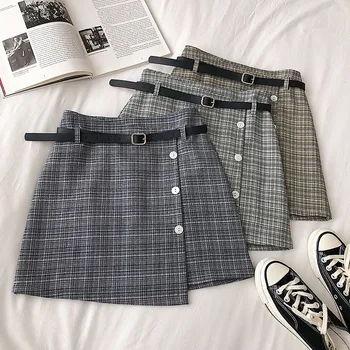 

Summer Casual Women Plaid Mini Skirt With Sashes Vintage Empire A-Line Cute Skirts Korean Female Student Sweet Skirt