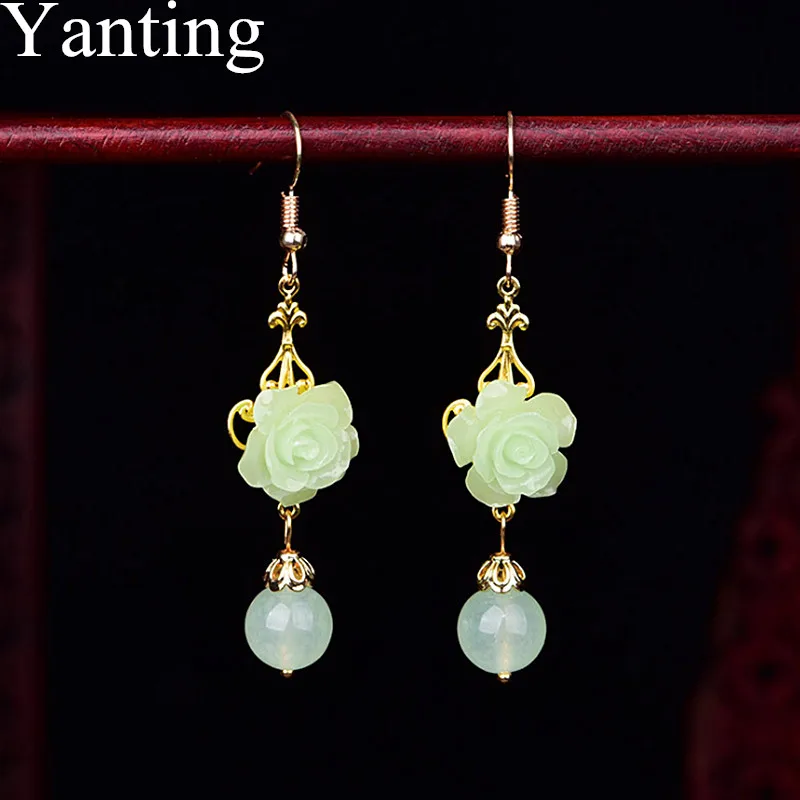 Yanting Natural Stone Earrrings Shell Flower Handmade Women Ethnic Chinese Earrings Jewelry Women Vintage Hanging Earrings