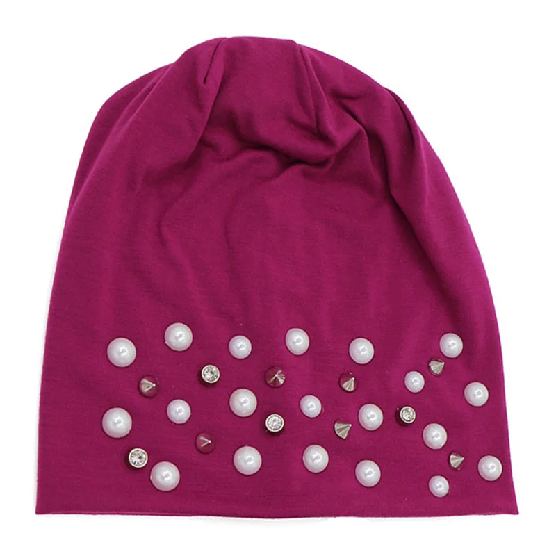 Maroon Женские свободные хлопковые шапочки Skullies с жемчугом, шапки для зимы, женские повседневные черные шапочки с бриллиантами, женские шапочки больших размеров Gorros - Цвет: Maroon