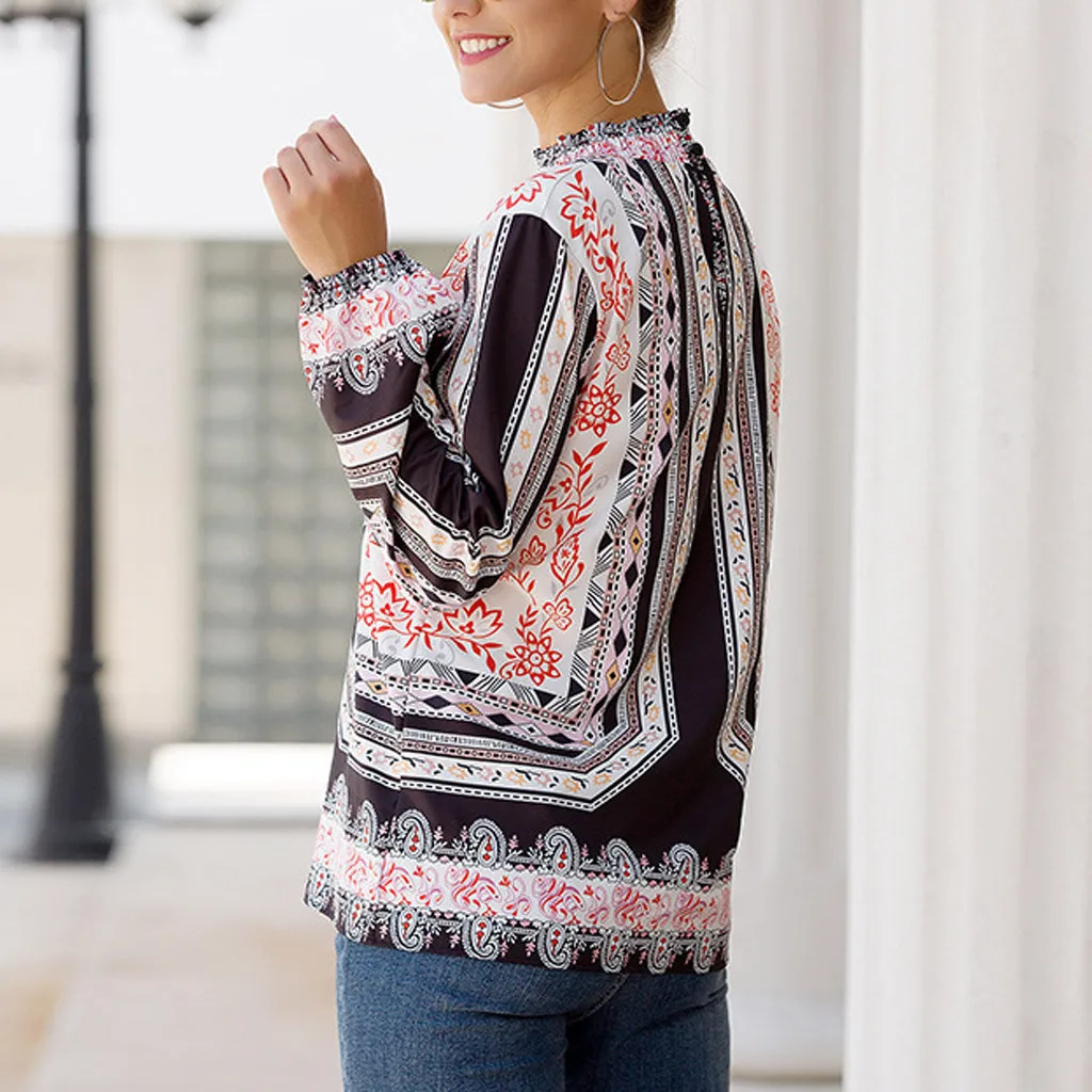Женская одежда boho, блузки, Зимняя мода, длинный рукав, с принтом, рукав-фонарик, рубашка с вертикальной одеждой, blusas femininas