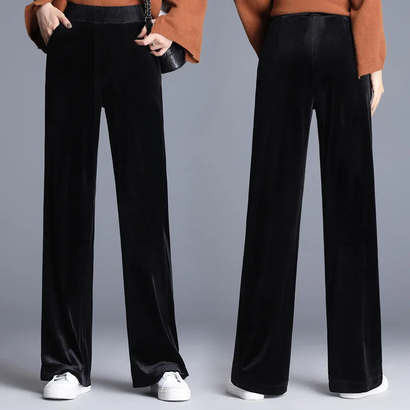 

Black Blue 2020 Loose Winter Fashion Gold Velvet Pants Women Trousers High Waist Straight Wide Leg Pants For Women Casual Pants