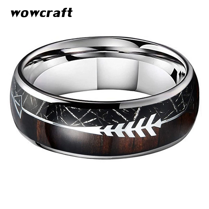 Baratos 8mm anillo de boda Tungstne carburo anillo para hombre mujer plata negro meteorito flecha Koa incrustaciones de madera con cúpula pulido brillante comodidad ajuste