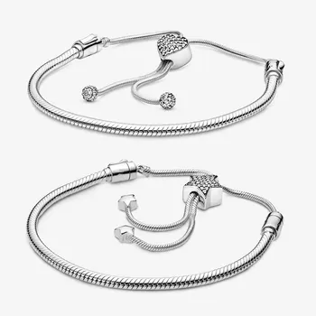 

High Quality Original 925 Sterling Silver Moments Pave Heart Clasp Star Snake Chain Slider Bracelet Woman Jewelry Gift
