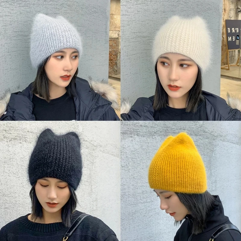 New Women Cute Cat Ear Winter Hat Double-layer Rabbit Fur Hat Stylish Soft Beanie Hat For Women Warm Grils Knitted Cap