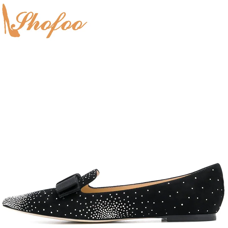 

Black Flock Crystal Ballet Flats Woman Pointed Toe Butterfly-Knot Pull On Shoes Large Size 12 16Lady Summer Fashion Party Shofoo