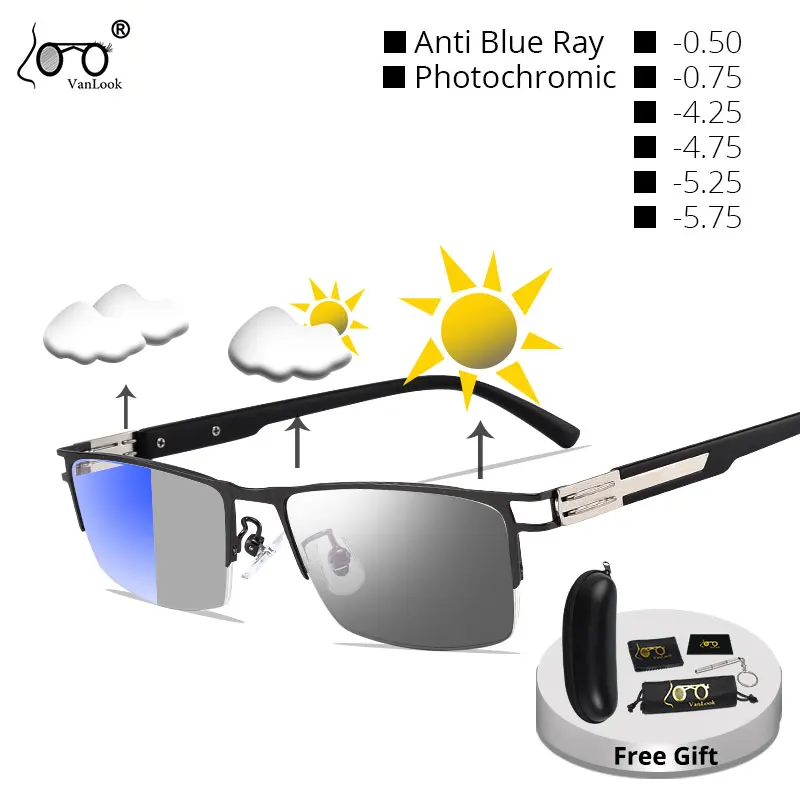 

Myopia Men's Anti Blue Ray Computer Glasses Photochromic Sunglasses Screwless Design Spectacle-1.25-1.75 -5 -4.25-5.25--5.75-6.0