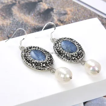 

GG Jewelry Cz Pave Pearl Earrings White Rice Pearl Blue Kyanite Gunmetal Gold Plated Cz 925 silver hook Earrings