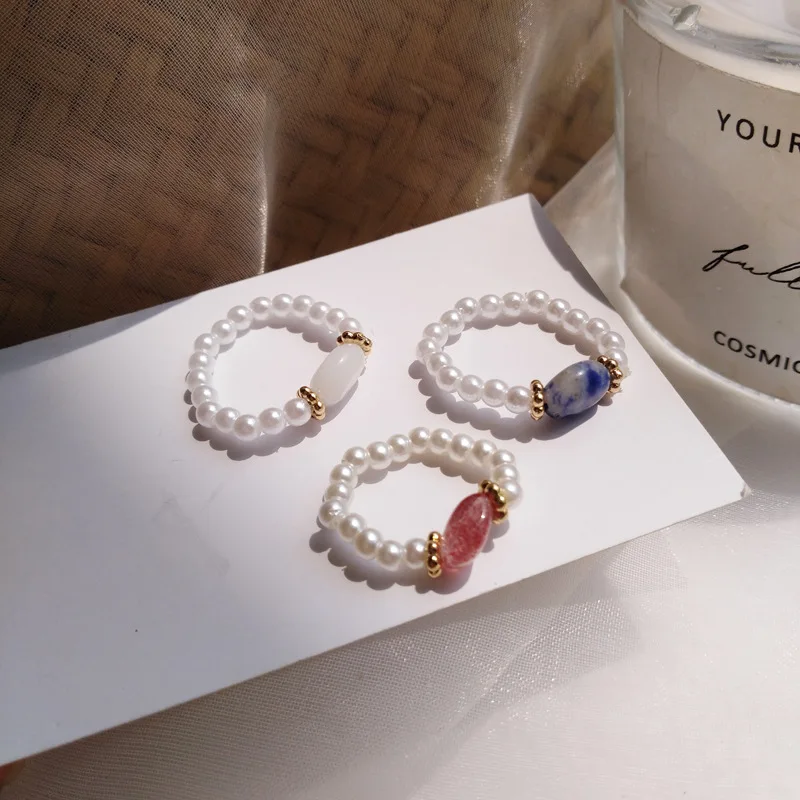 

Exquisite Simulation Pearl Ring Sweet Natural Stone Crystal Ring Charming Cocktail Party Women Ring Bridal Wedding Xmas Jewelry