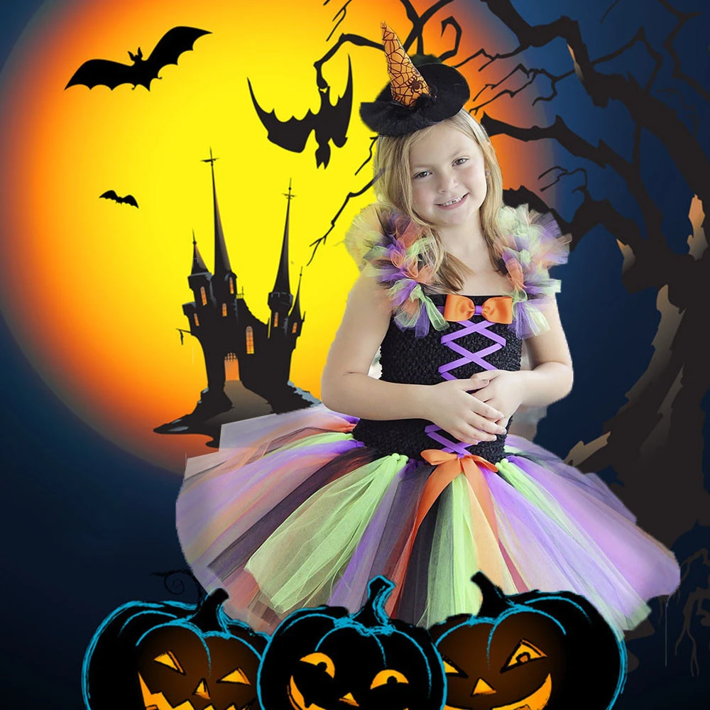 

Children witch cosplay fluffy party dresses Girl tutu dress kids dresses for girls Halloween wizard performance clothing