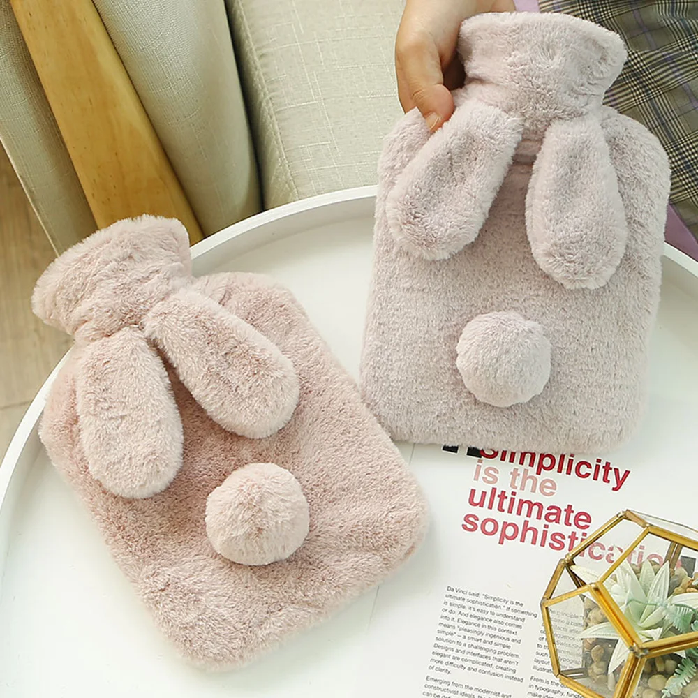 

Warm Water Bag Hand Warmer Household Warming Anti-scalding Leakproof Hot Water Bottles with Rabbit Ear Cover