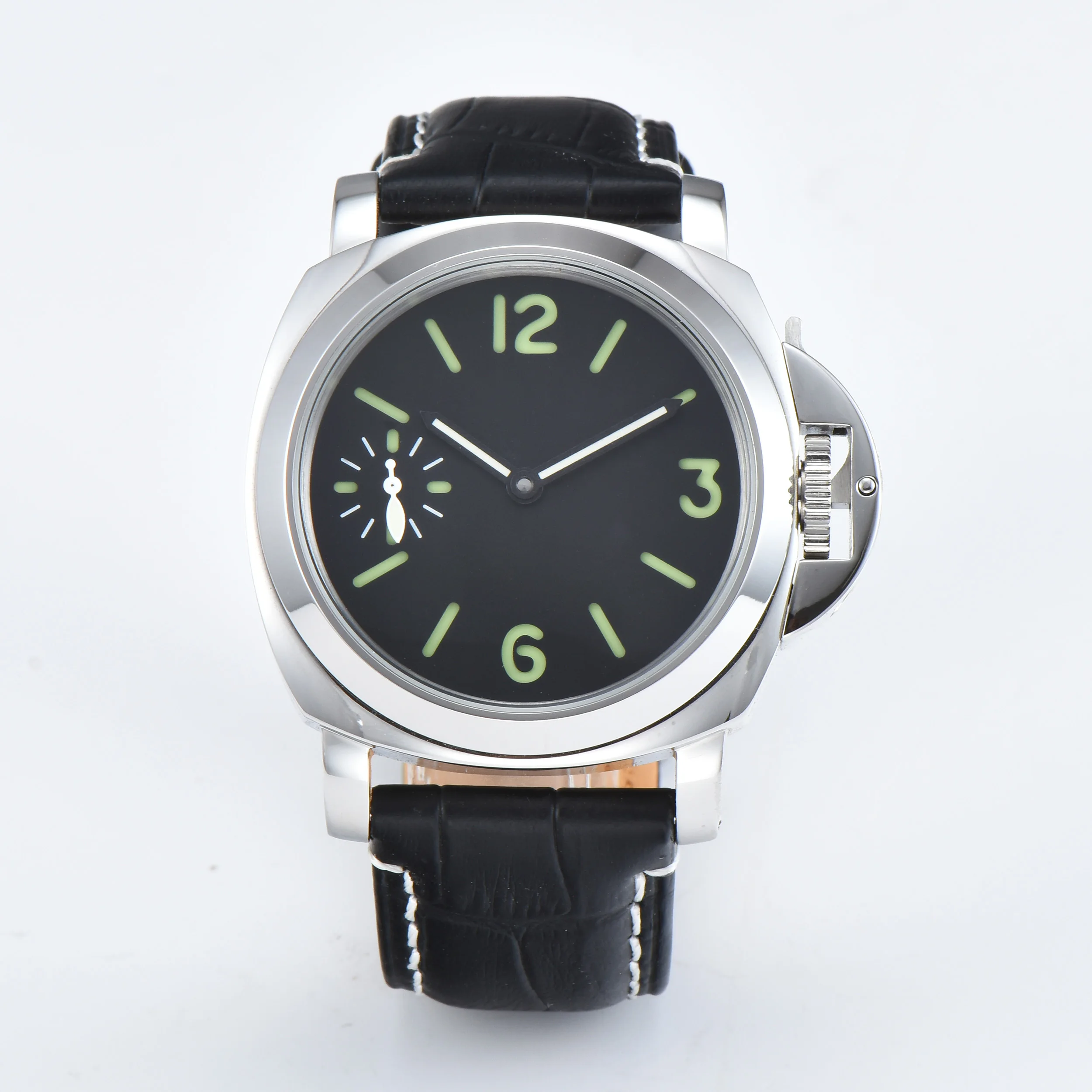 

watch men's 44mm clock fashion with black dial stainless steel leather strap hand wind mechanical watch P630-1